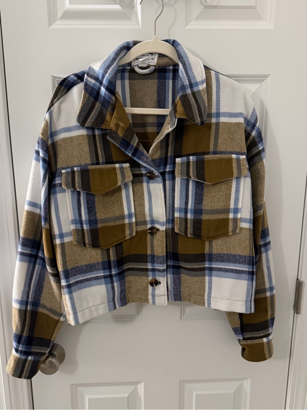 For The Republic Cropped Plaid Shacket in Blue, White & Brown